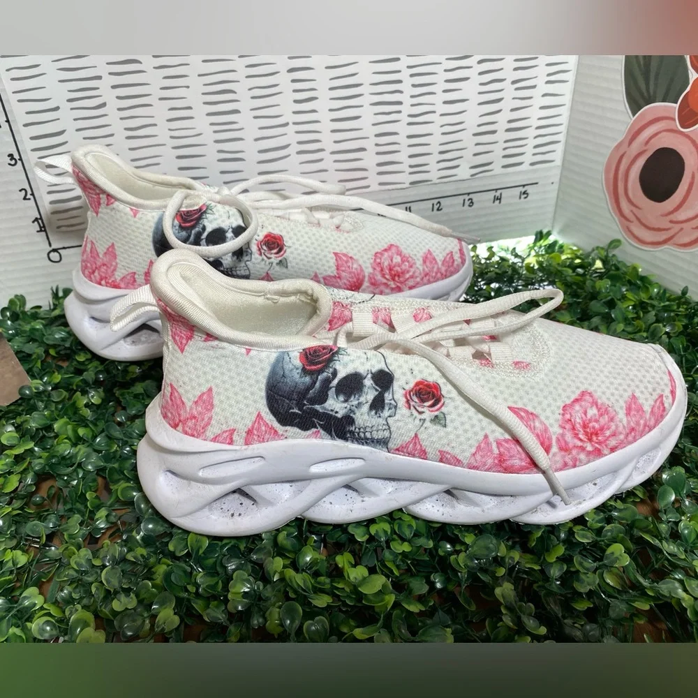 Floral Skull Print White Sneakers